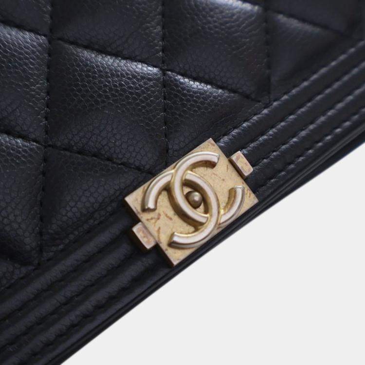 Pre Owned Chanel Black Quilted Caviar Boy Wallet on Chain