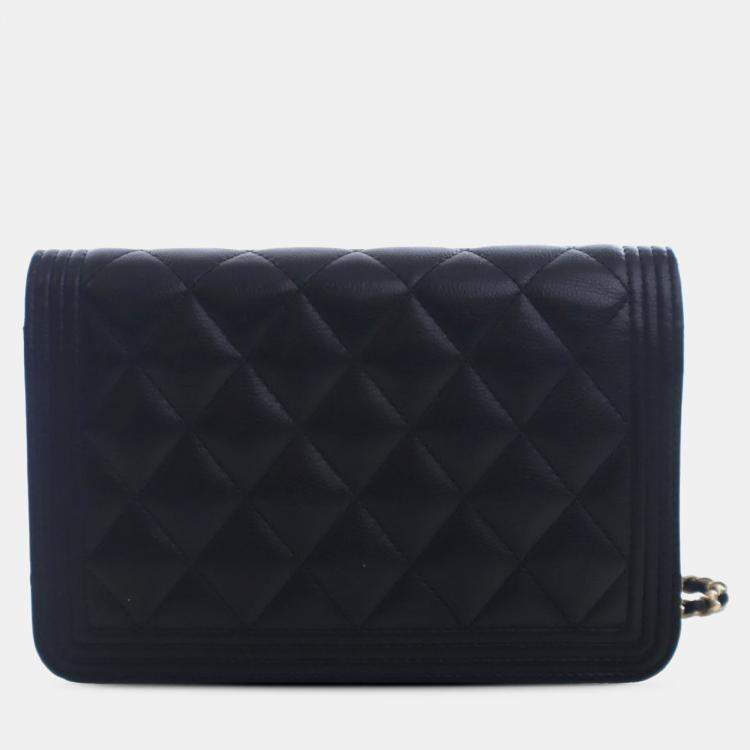 Pre Owned Chanel Black Quilted Caviar Boy Wallet on Chain