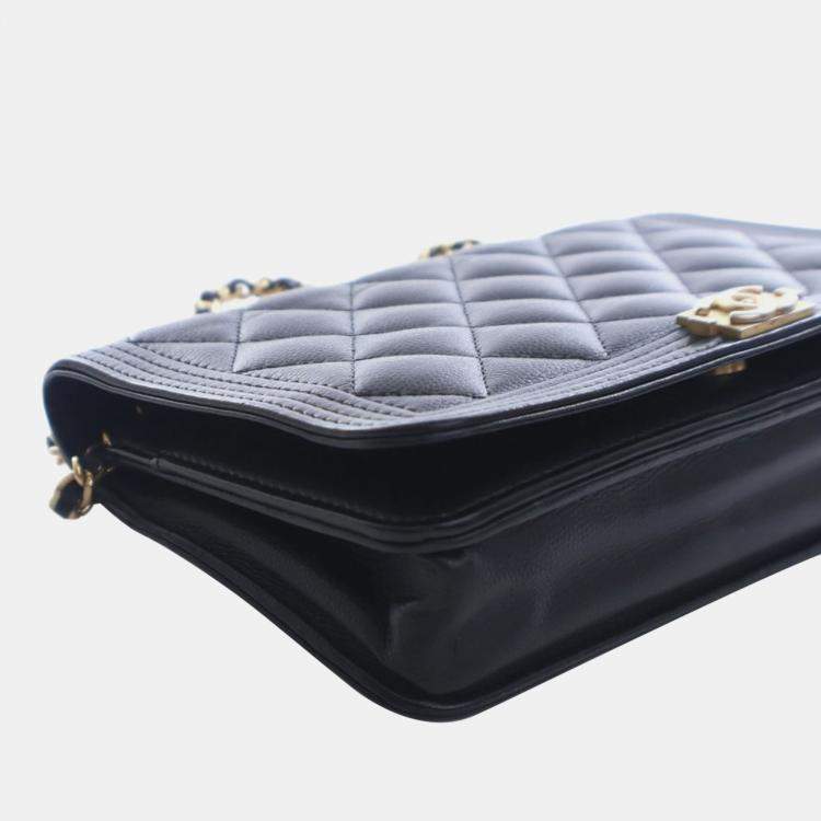 Pre Owned Chanel Black Quilted Caviar Boy Wallet on Chain