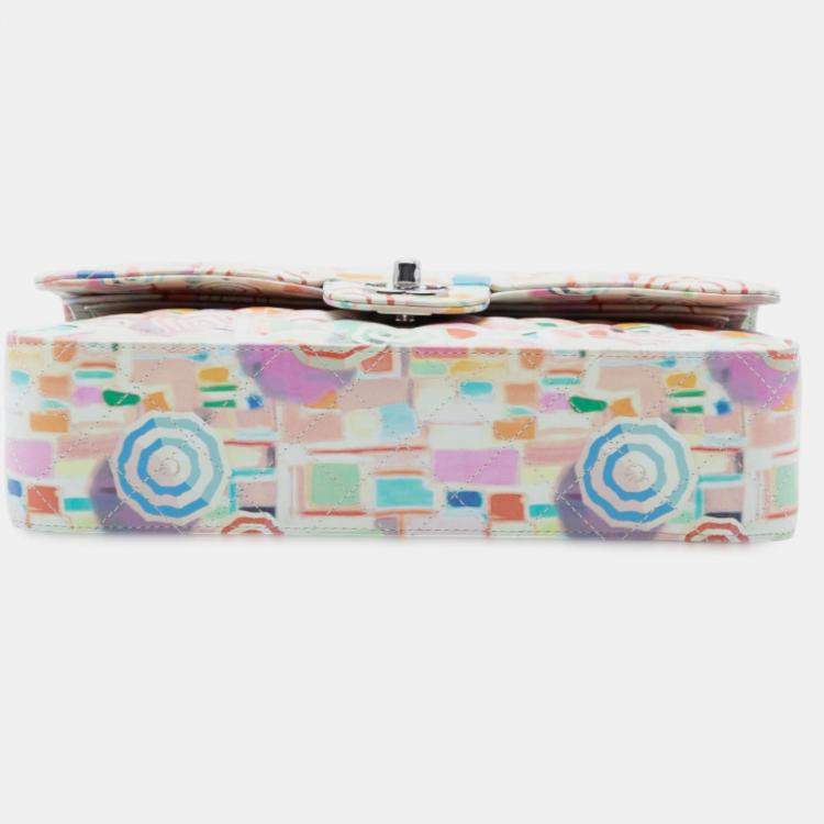 Pre Owned Chanel White Medium Quilted Printed Leather Umbrella Double Flap