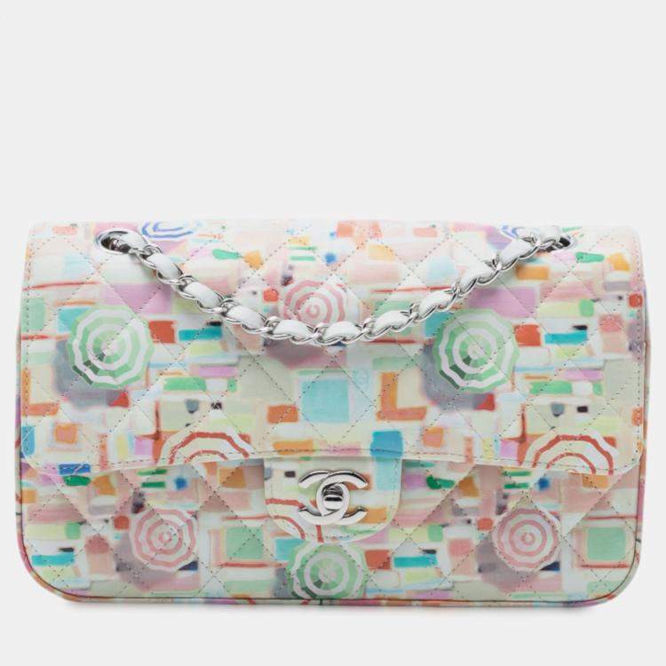 Pre Owned Chanel White Medium Quilted Printed Leather Umbrella Double Flap