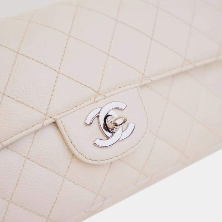 Pre Owned Chanel White Classic Caviar East West Single Flap