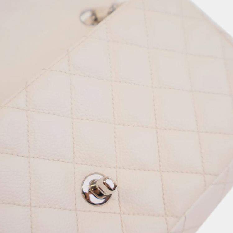 Pre Owned Chanel White Classic Caviar East West Single Flap