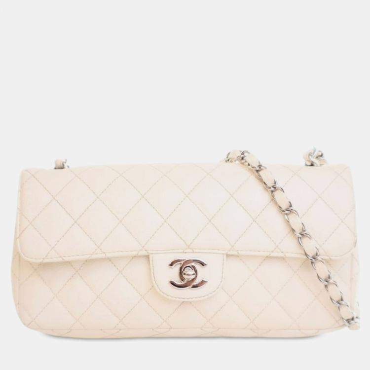 Pre Owned Chanel White Classic Caviar East West Single Flap