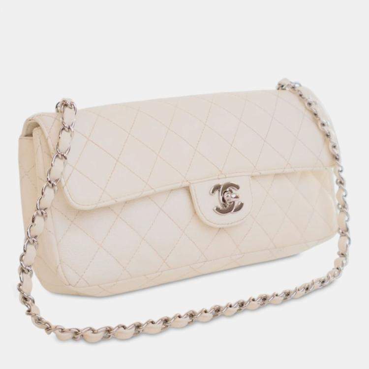 Pre Owned Chanel White Classic Caviar East West Single Flap