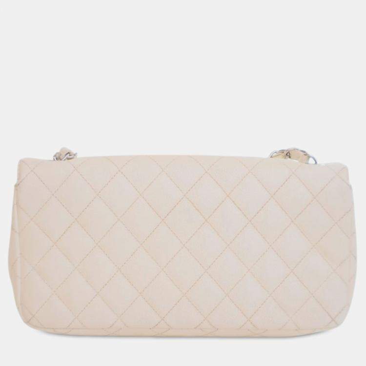 Pre Owned Chanel White Classic Caviar East West Single Flap