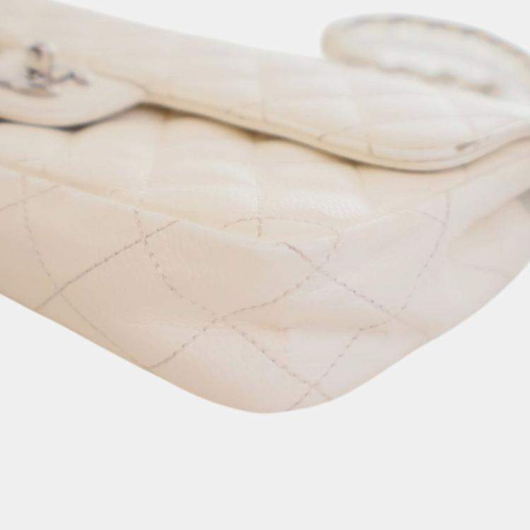 Pre Owned Chanel White Classic Caviar East West Single Flap