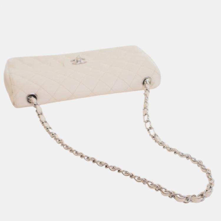 Pre Owned Chanel White Classic Caviar East West Single Flap