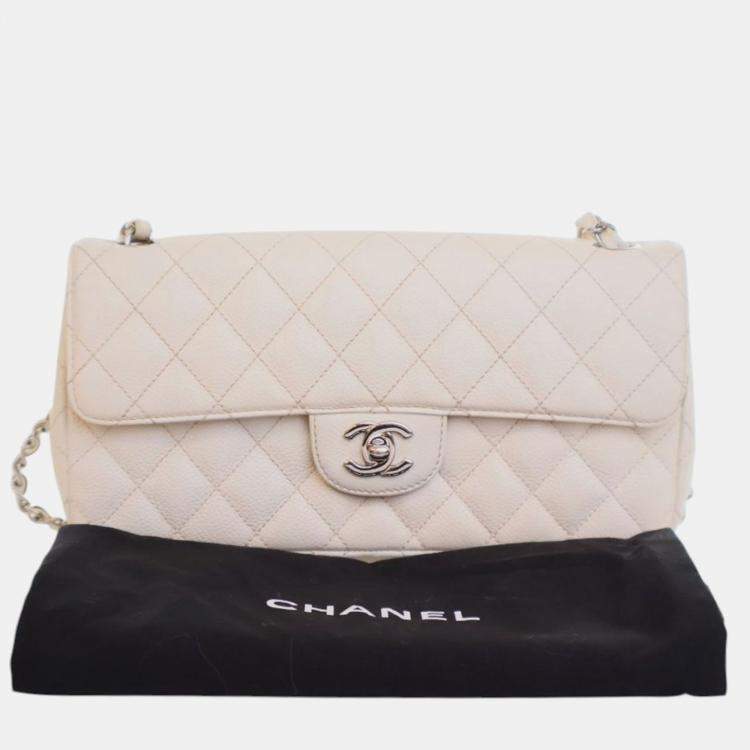 Pre Owned Chanel White Classic Caviar East West Single Flap