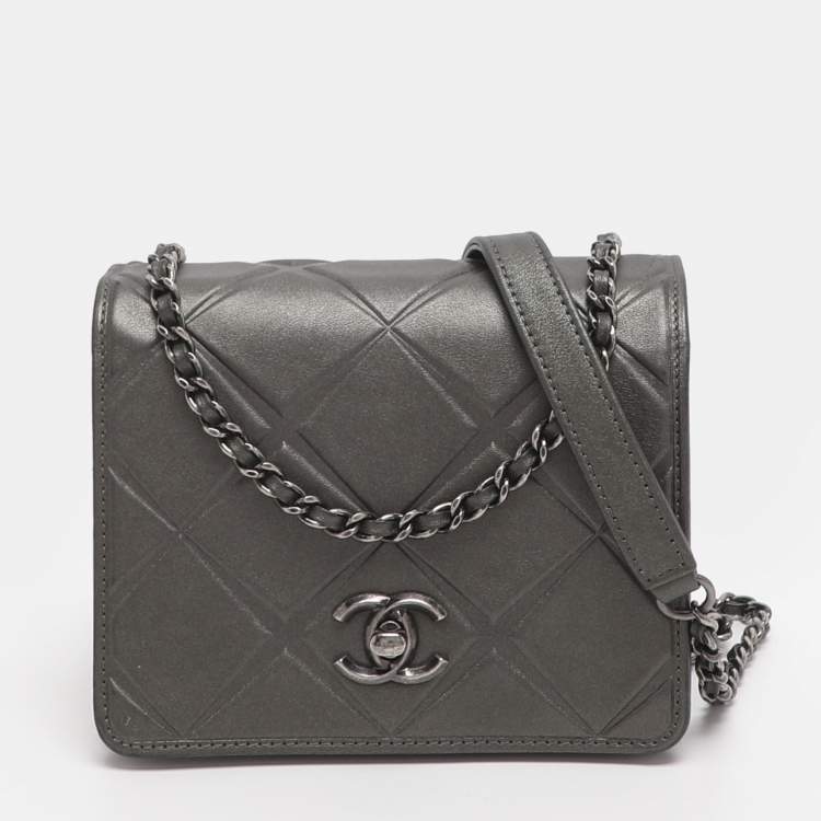 Pre Owned Chanel Propeller Mini Metallic Grey Leather Flap Bag