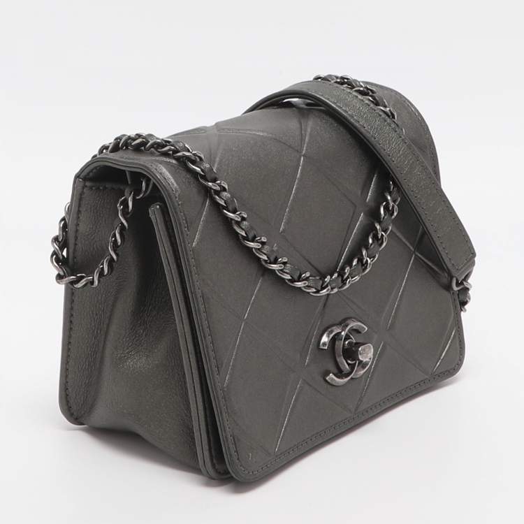 Pre Owned Chanel Propeller Mini Metallic Grey Leather Flap Bag