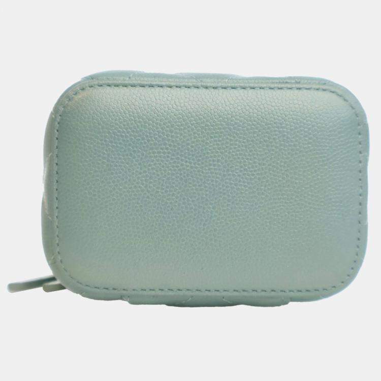Pre Owned Chanel Green Mini Quilted Iridescent Caviar Pearl On Top Vanity Case With Chain