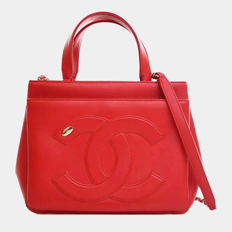 Pre Owned Chanel Red Small Lambskin CC Mania Shopping Tote