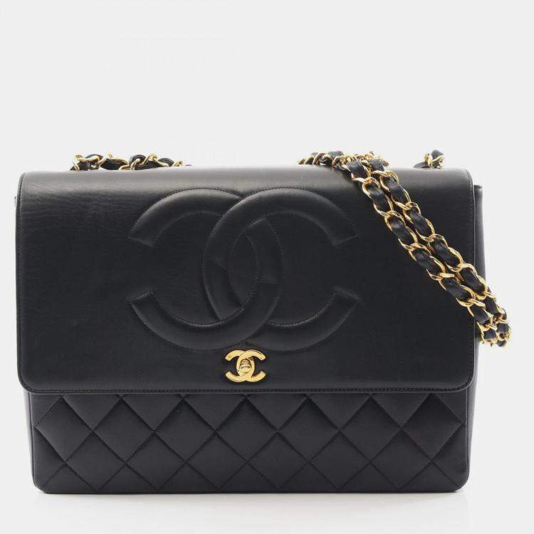 Pre Owned Chanel Vintage CC Maxi Jumbo Black Lambskin Quilted Flap Bag
