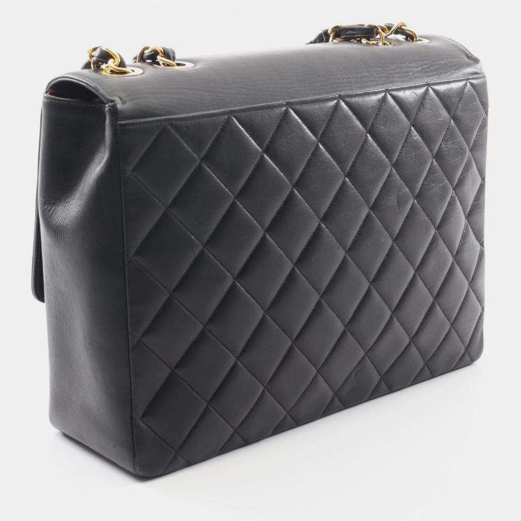 Pre Owned Chanel Vintage CC Maxi Jumbo Black Lambskin Quilted Flap Bag