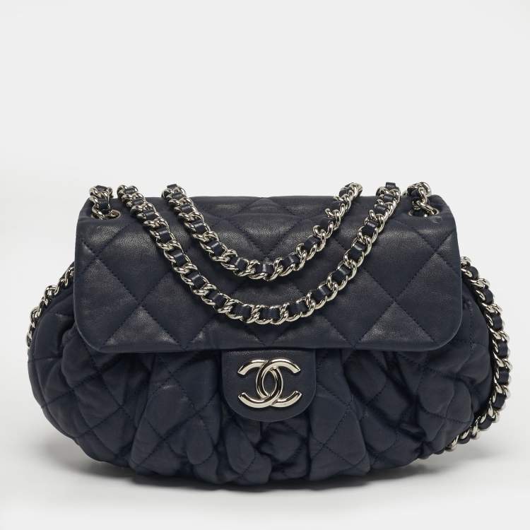 Pre Owned Chanel Chain Around Navy Blue Quilted Leather Bag
