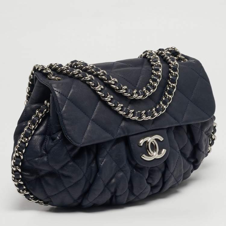 Pre Owned Chanel Chain Around Navy Blue Quilted Leather Bag
