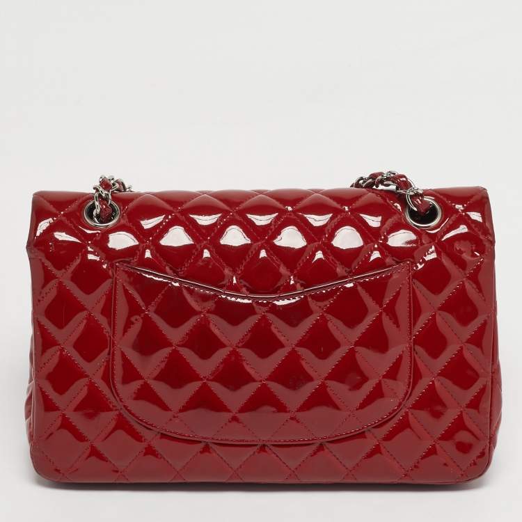 Pre Owned Chanel Classic Double Medium Red Quilted Patent Leather Flap Bag
