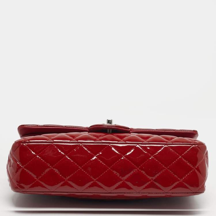 Pre Owned Chanel Classic Double Medium Red Quilted Patent Leather Flap Bag