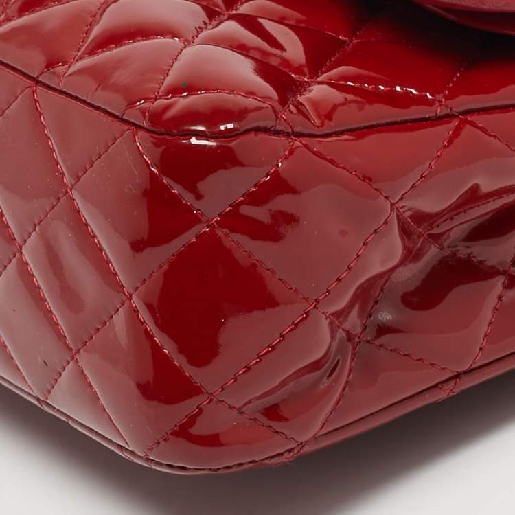 Pre Owned Chanel Classic Double Medium Red Quilted Patent Leather Flap Bag
