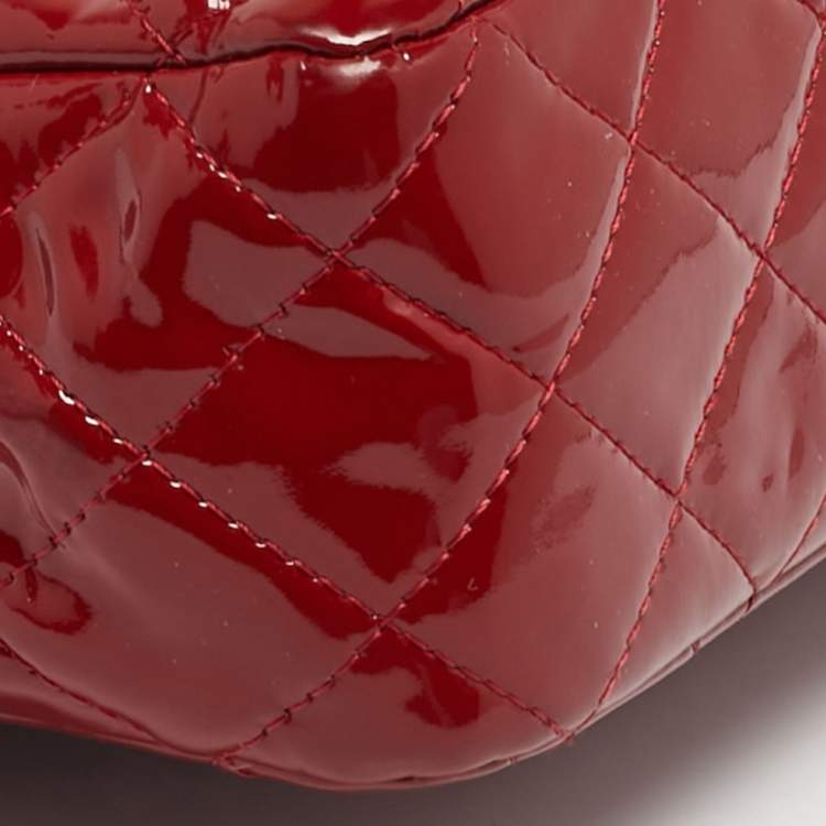 Pre Owned Chanel Classic Double Medium Red Quilted Patent Leather Flap Bag