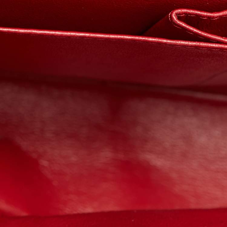 Pre Owned Chanel Classic Double Medium Red Quilted Patent Leather Flap Bag