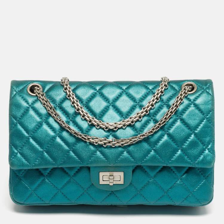 Pre Owned Chanel Reissue 2.55 226 Green Shimmering Leather Flap Bag