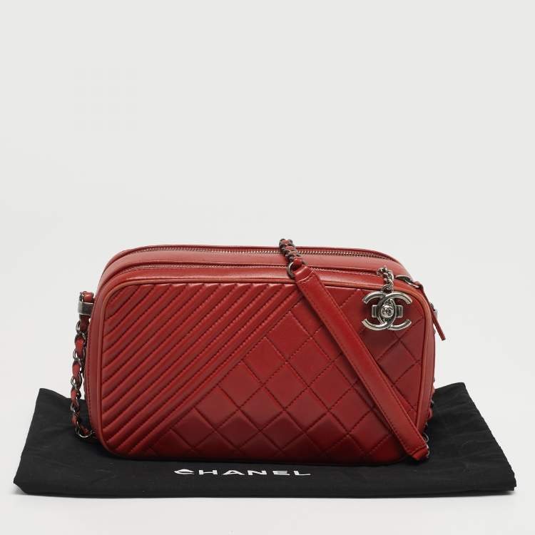 Pre Owned Chanel Coco Boy Medium Red Quilted Leather Camera Bag