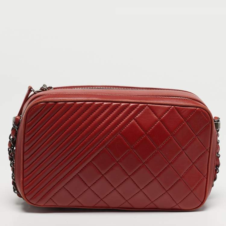 Pre Owned Chanel Coco Boy Medium Red Quilted Leather Camera Bag