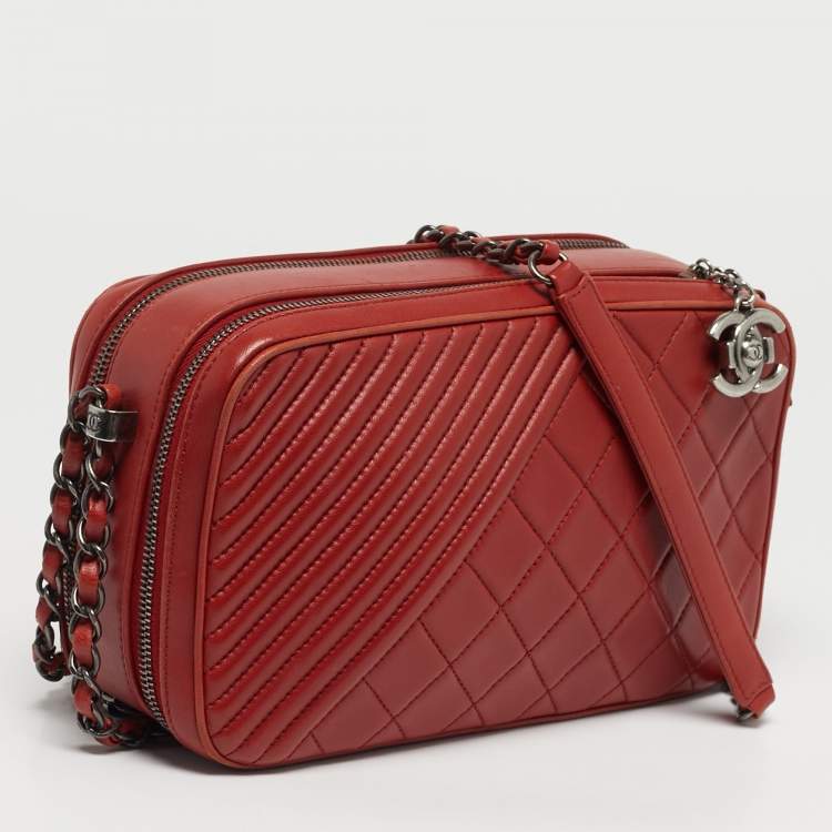 Pre Owned Chanel Coco Boy Medium Red Quilted Leather Camera Bag