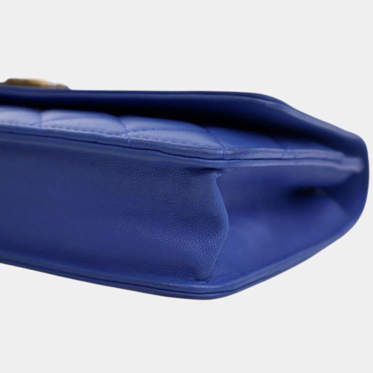 Pre Owned Chanel Blue Quilted Lambskin Boy Wallet On Chain