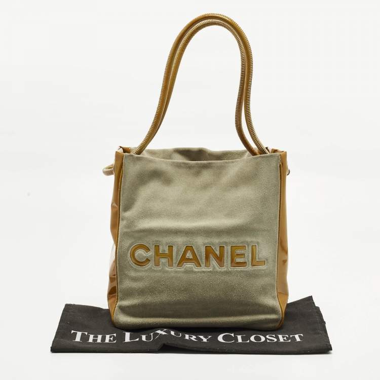 Pre Owned Chanel Camelia Light Green/Mustard Patent Leather and Suede Tote