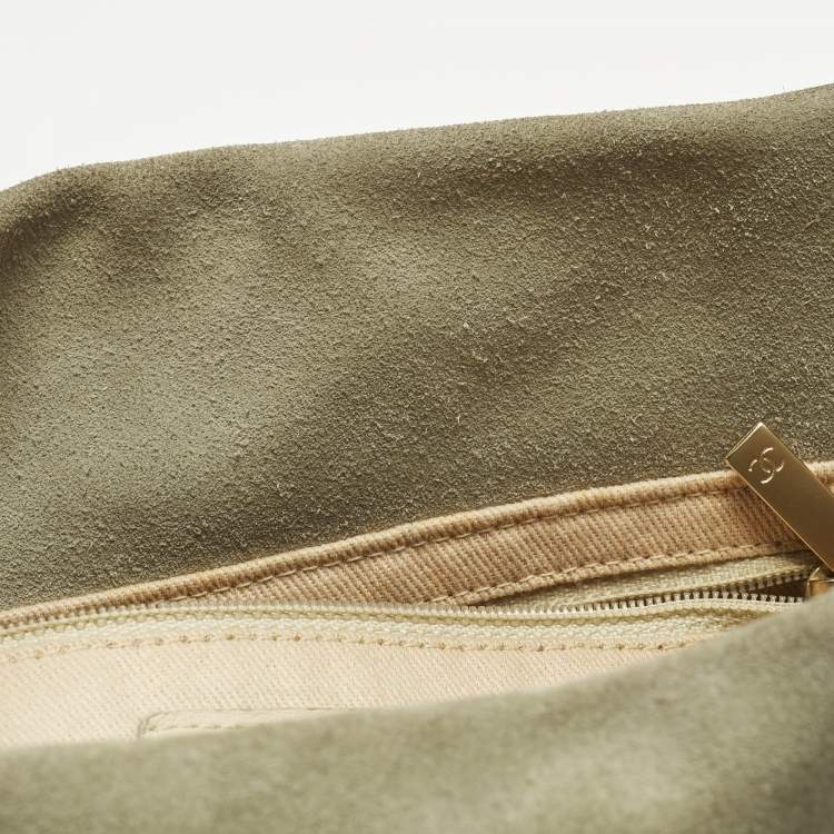 Pre Owned Chanel Camelia Light Green/Mustard Patent Leather and Suede Tote