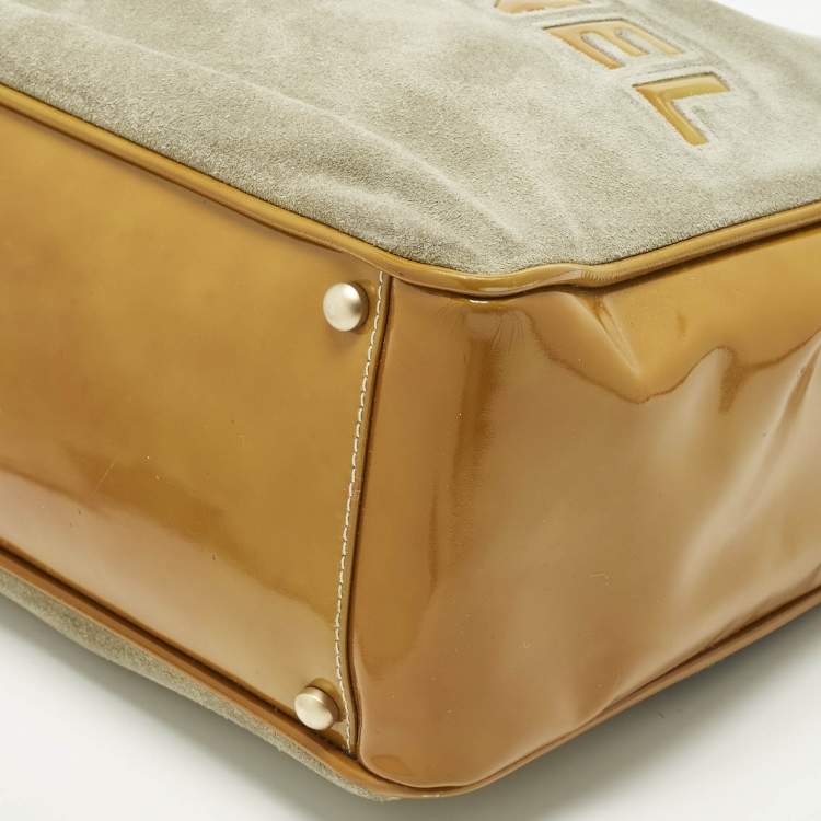 Pre Owned Chanel Camelia Light Green/Mustard Patent Leather and Suede Tote