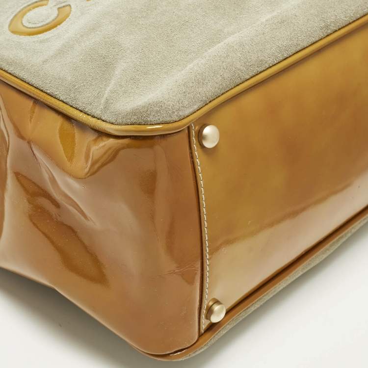 Pre Owned Chanel Camelia Light Green/Mustard Patent Leather and Suede Tote