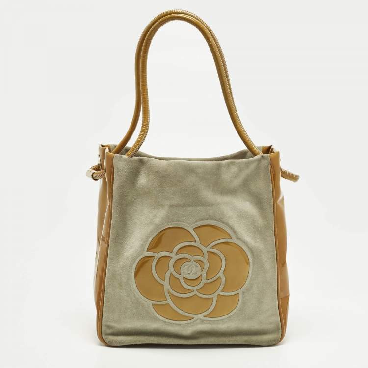 Pre Owned Chanel Camelia Light Green/Mustard Patent Leather and Suede Tote