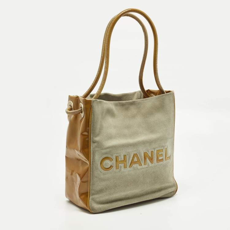 Pre Owned Chanel Camelia Light Green/Mustard Patent Leather and Suede Tote