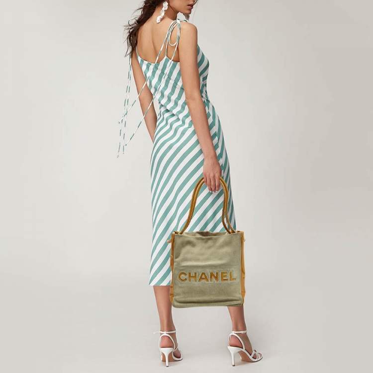 Pre Owned Chanel Camelia Light Green/Mustard Patent Leather and Suede Tote