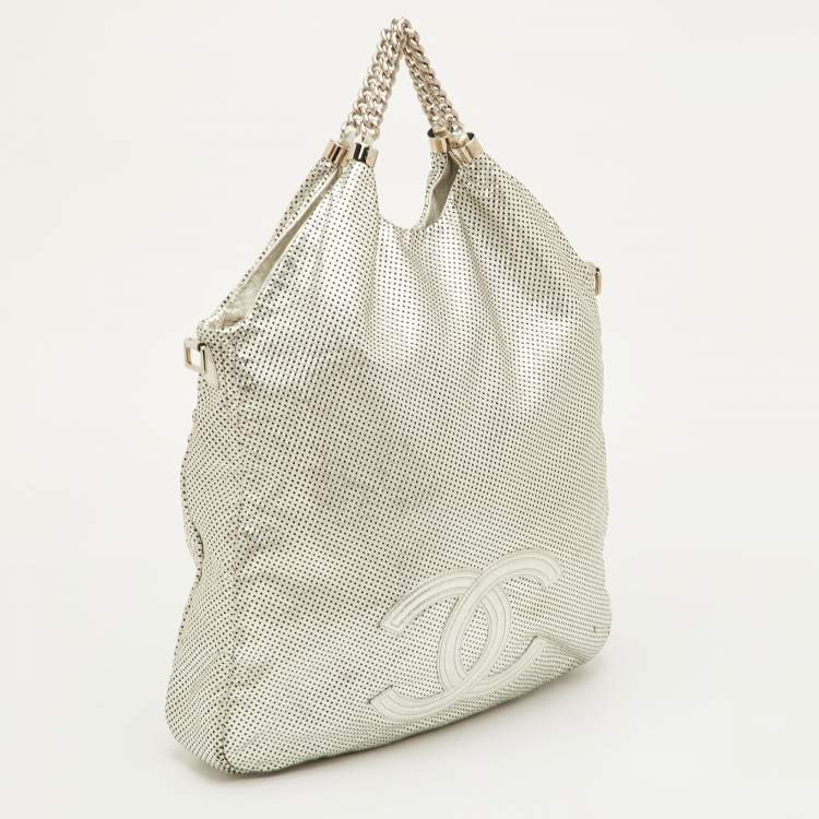 Pre Owned Chanel Rodeo Drive XL Metallic Silver Perforated Leather Bag