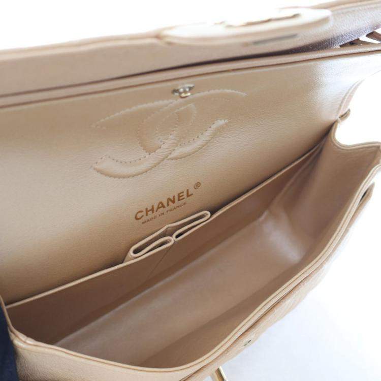 Pre Owned Chanel Medium Iridescent Beige Caviar Classic Double Flap Bag