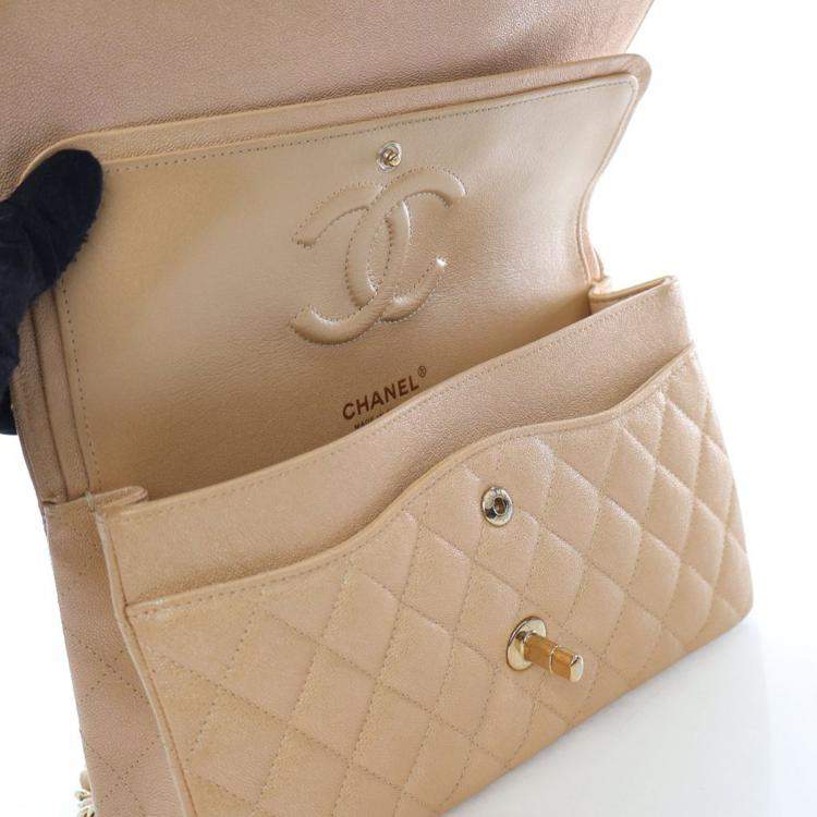 Pre Owned Chanel Medium Iridescent Beige Caviar Classic Double Flap Bag