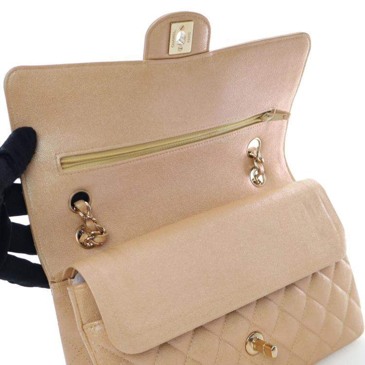 Pre Owned Chanel Medium Iridescent Beige Caviar Classic Double Flap Bag