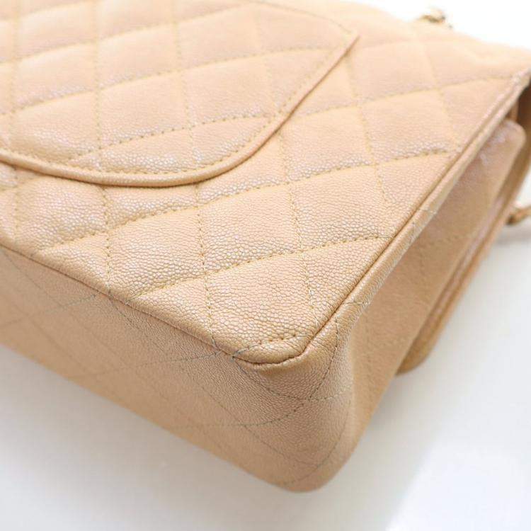 Pre Owned Chanel Medium Iridescent Beige Caviar Classic Double Flap Bag