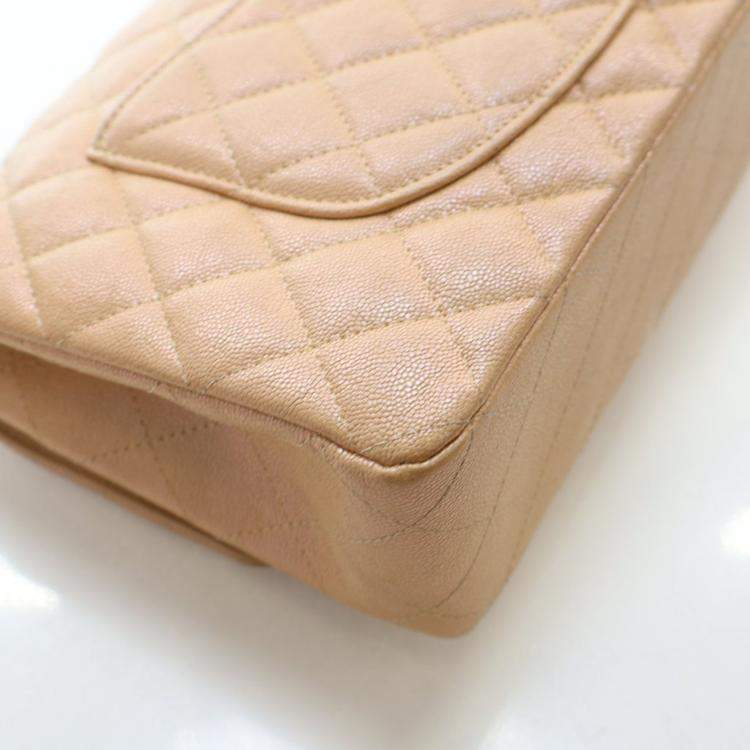 Pre Owned Chanel Medium Iridescent Beige Caviar Classic Double Flap Bag