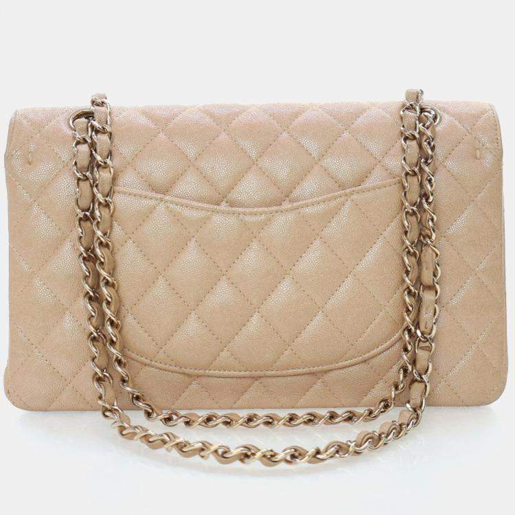 Pre Owned Chanel Medium Iridescent Beige Caviar Classic Double Flap Bag