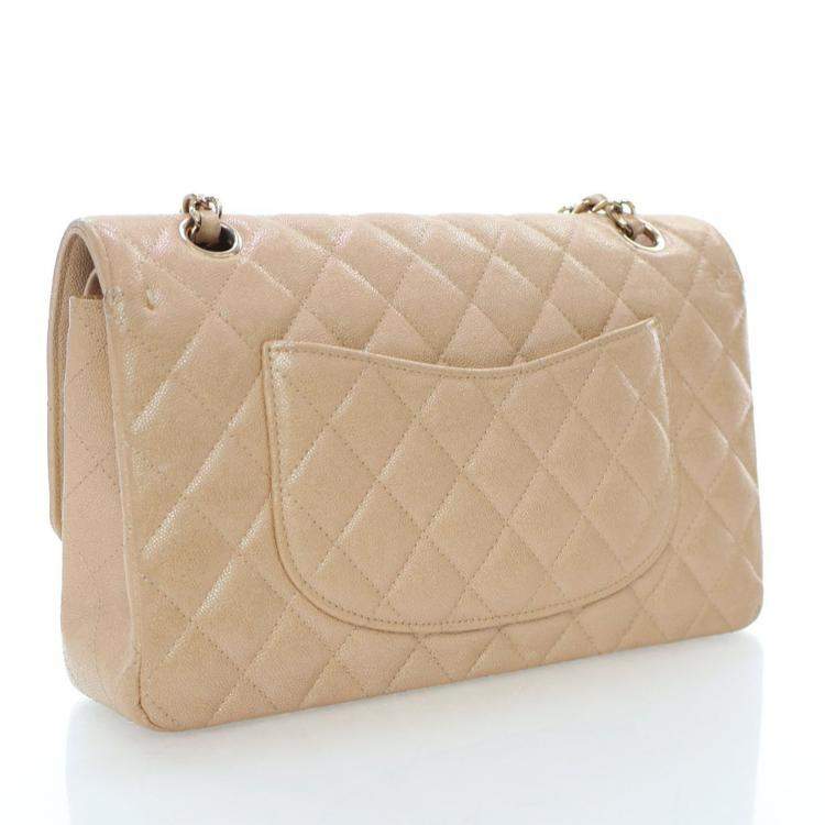 Pre Owned Chanel Medium Iridescent Beige Caviar Classic Double Flap Bag