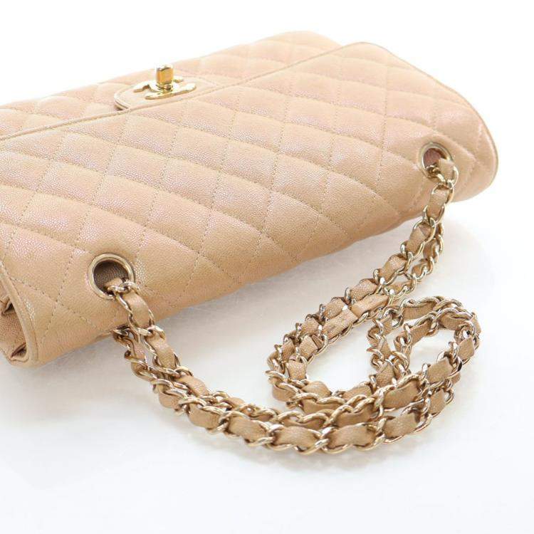 Pre Owned Chanel Medium Iridescent Beige Caviar Classic Double Flap Bag
