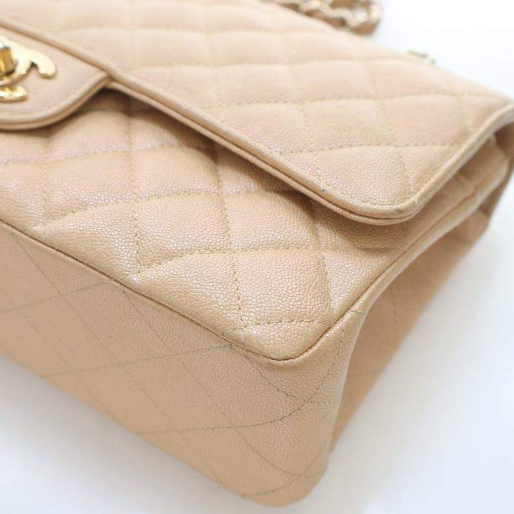 Pre Owned Chanel Medium Iridescent Beige Caviar Classic Double Flap Bag