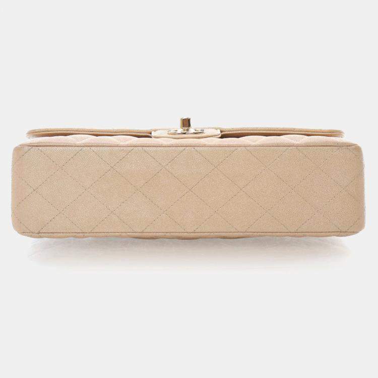 Pre Owned Chanel Medium Iridescent Beige Caviar Classic Double Flap Bag