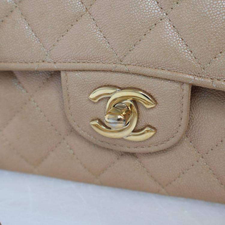 Pre Owned Chanel Medium Iridescent Beige Caviar Classic Double Flap Bag